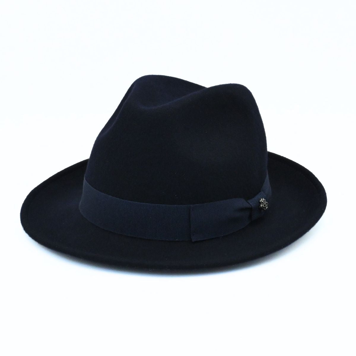 Blue Classic 1930's Hat with a ribbon on a white background