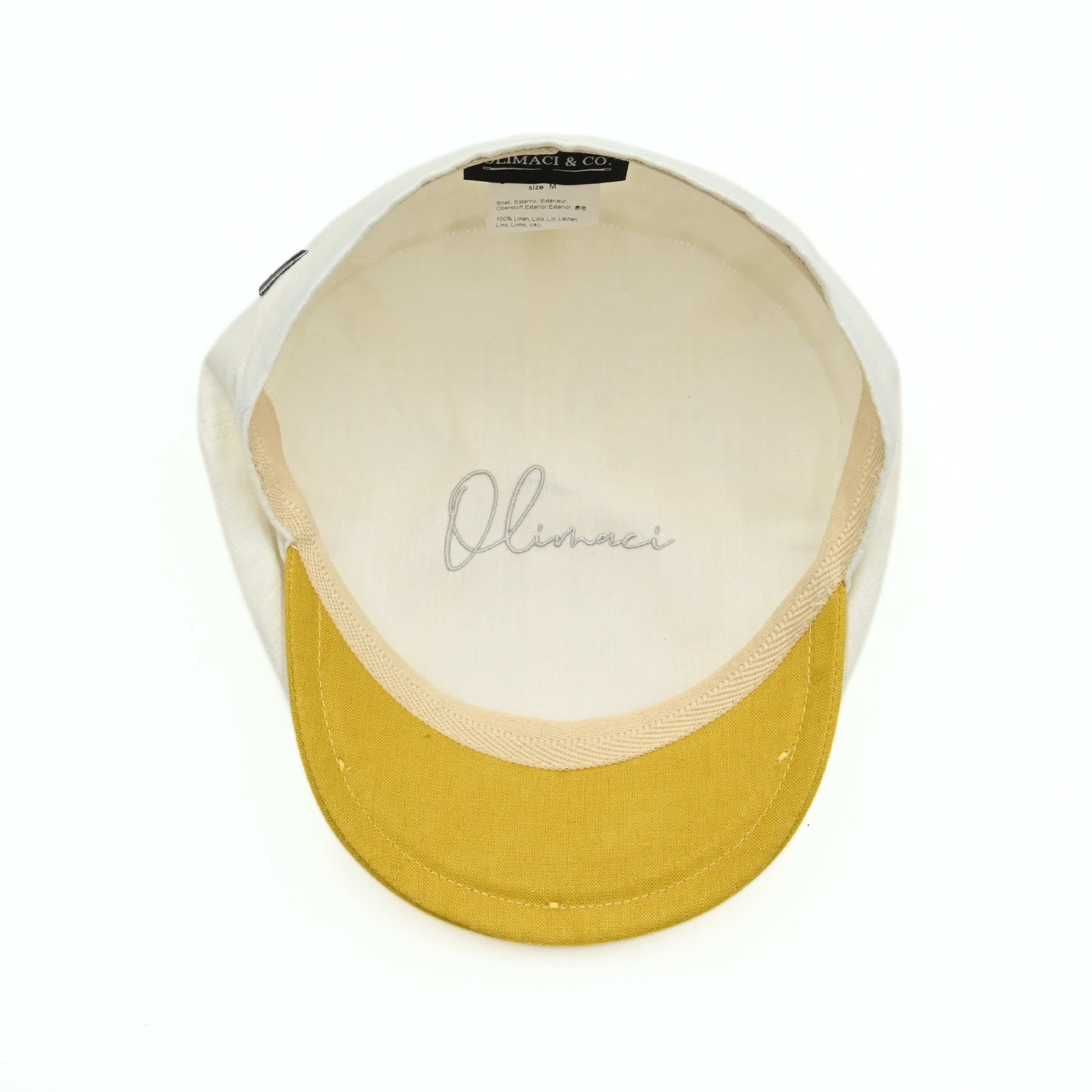 Ivory/Yellow Salerno Linen Newsboy Hat with yellow visor and button on white background