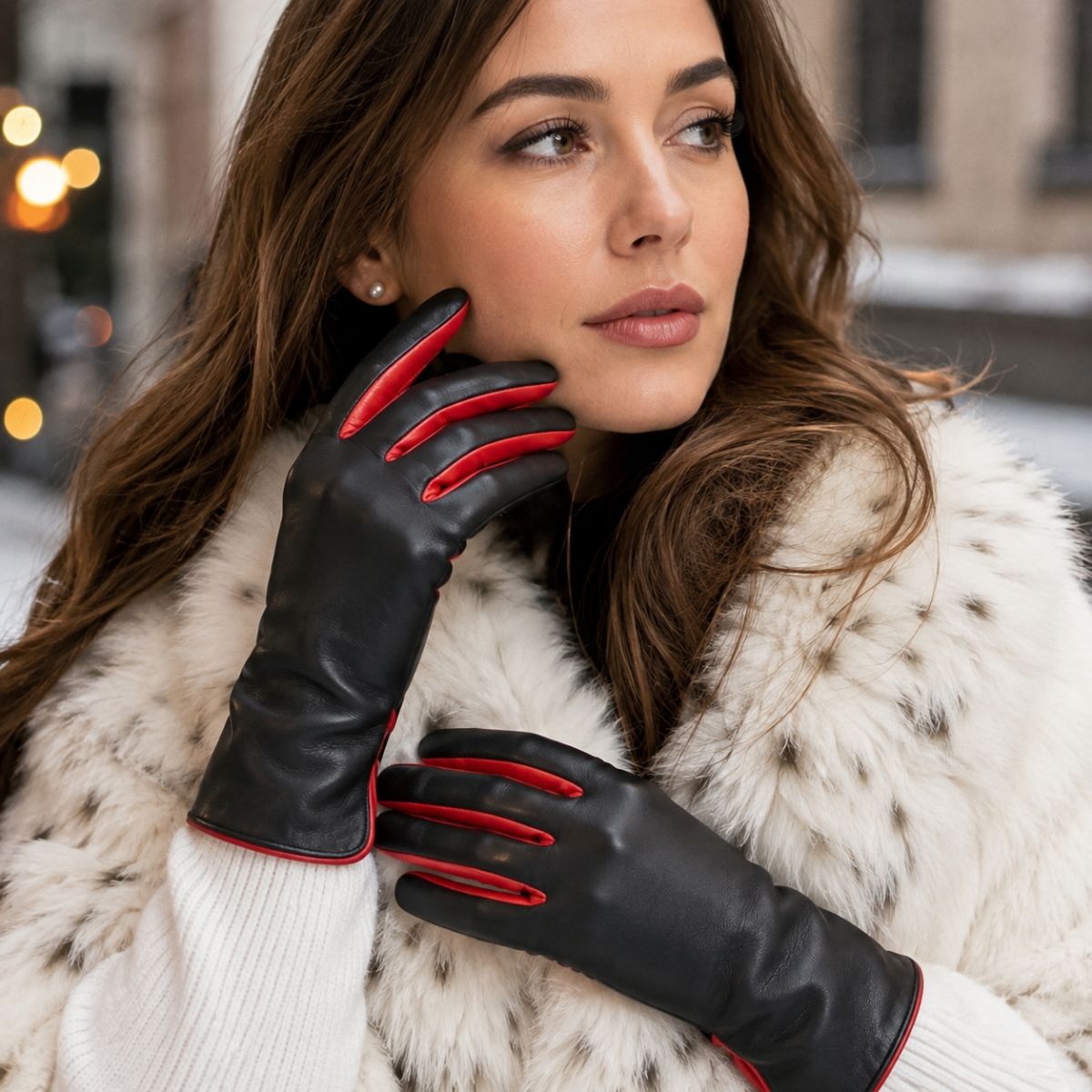 A woman wearing Black/red Women's Cashmere Lined Leather Gloves with bright red trim and red finger accents, paired with a white faux fur coat in an outdoor winter setting.