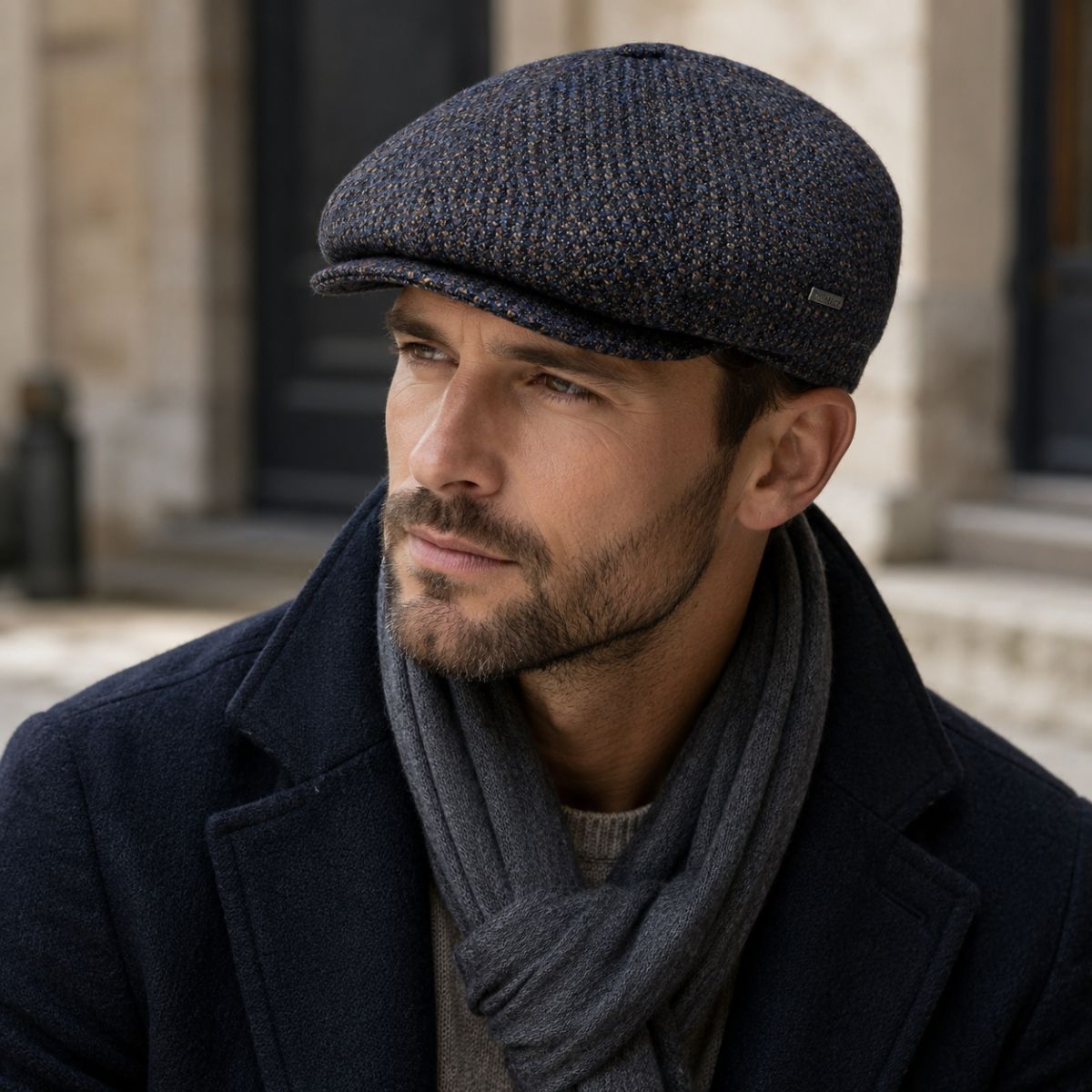 A man wearing a Multicolor Perugia Newsboy Hat , a dark navy wool coat, and a gray knit scarf, photographed in an outdoor urban setting.