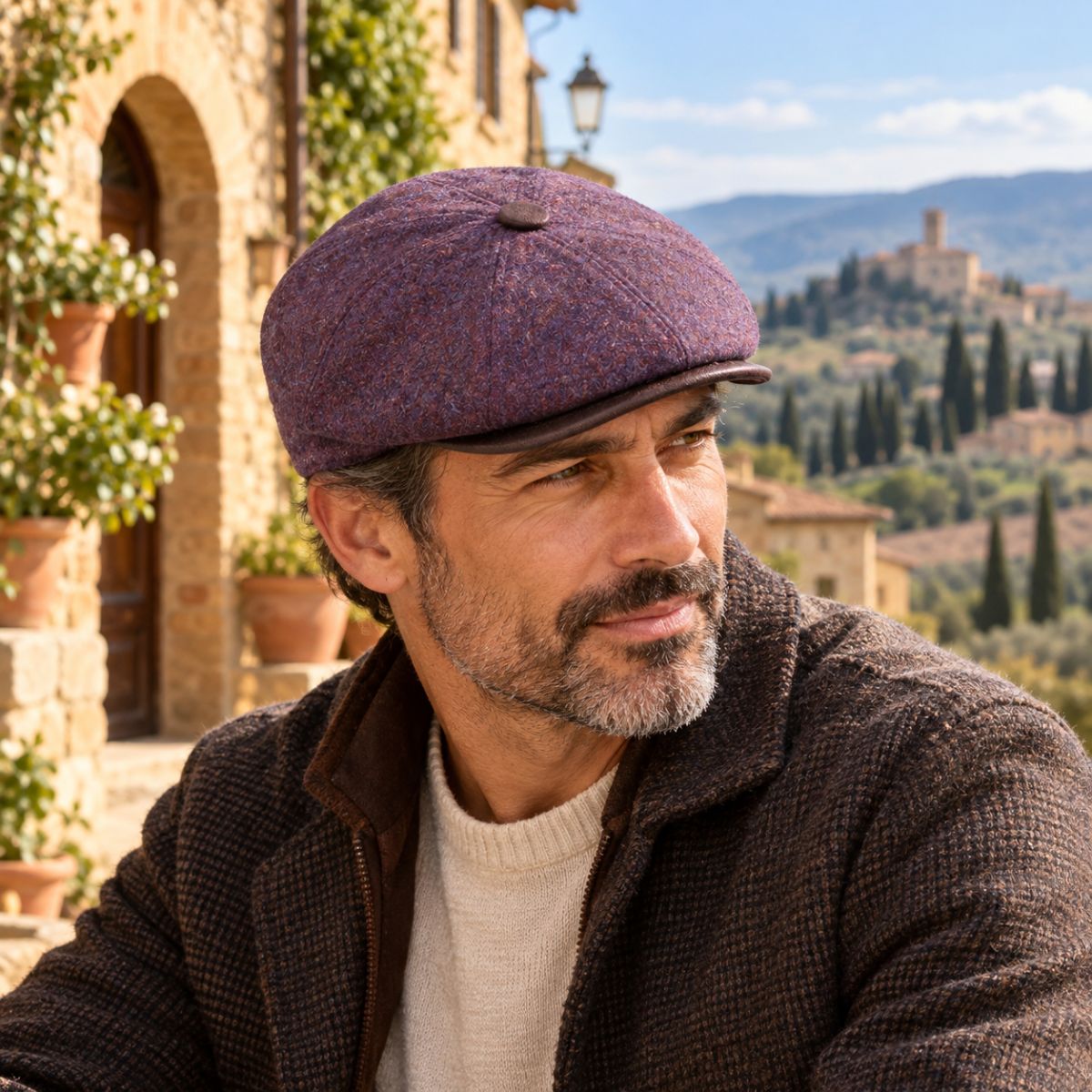 A man wearing a Lavender Norcia Newsboy hat and a brown textured jacket, set against a scenic background of a stone building and a Tuscan hillside village.