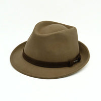 A cacao brown classic alpine hat with a matching brown band, on a clean white background