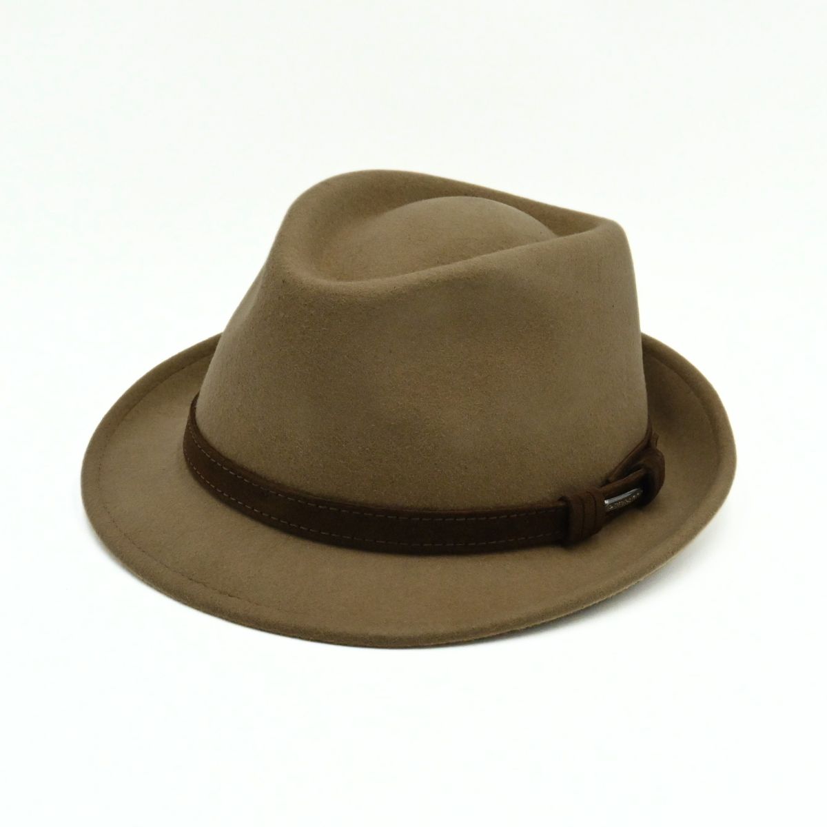 A cacao brown classic alpine hat with a matching brown band, on a clean white background