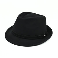 A Black classic alpine hat with a matching black band, on a clean white background