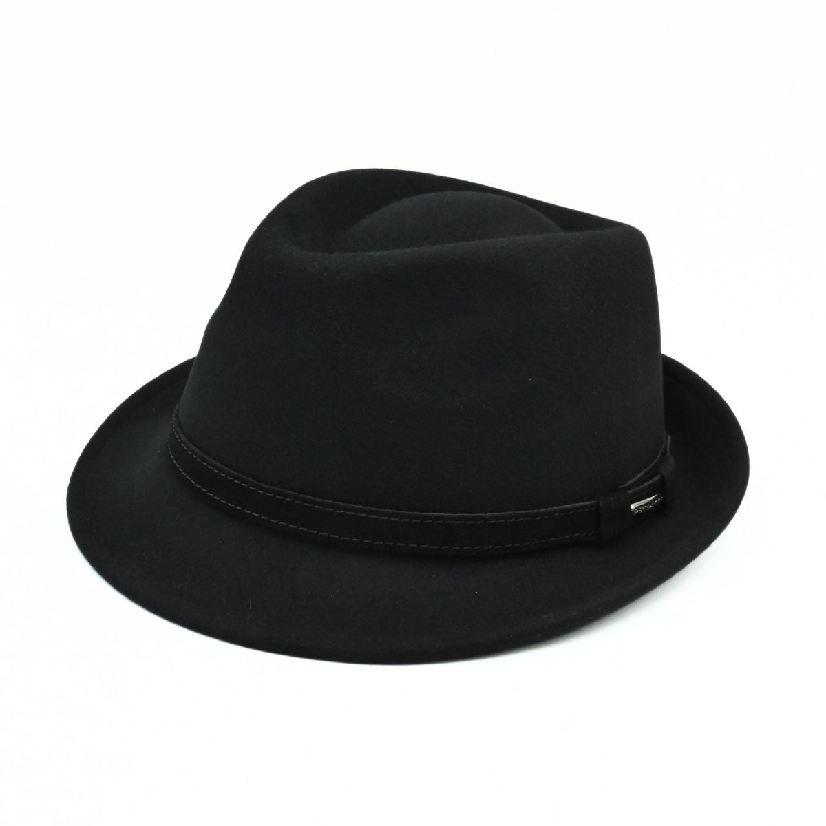 A Black classic alpine hat with a matching black band, on a clean white background