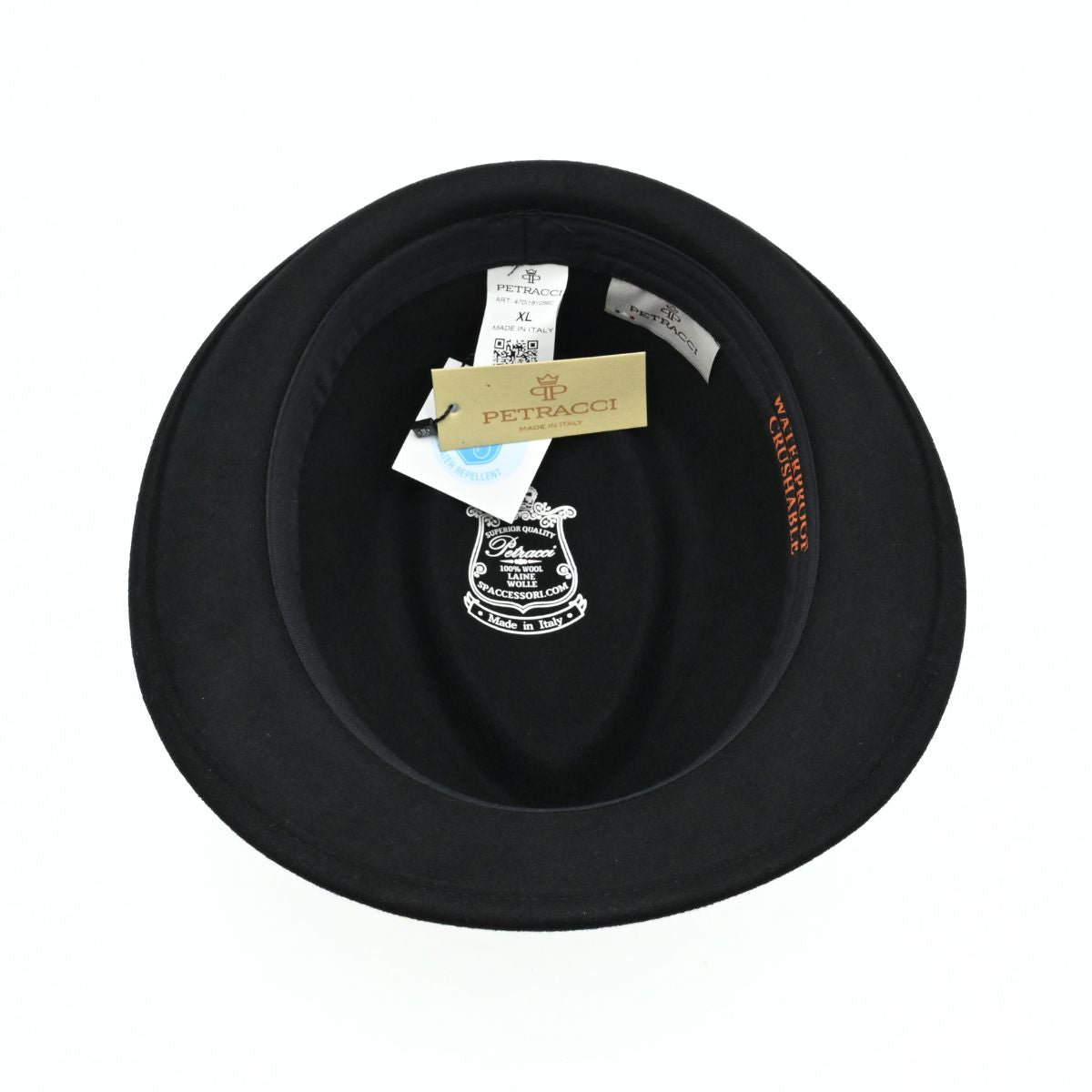 A Black classic alpine hat with a matching black band, on a clean white background