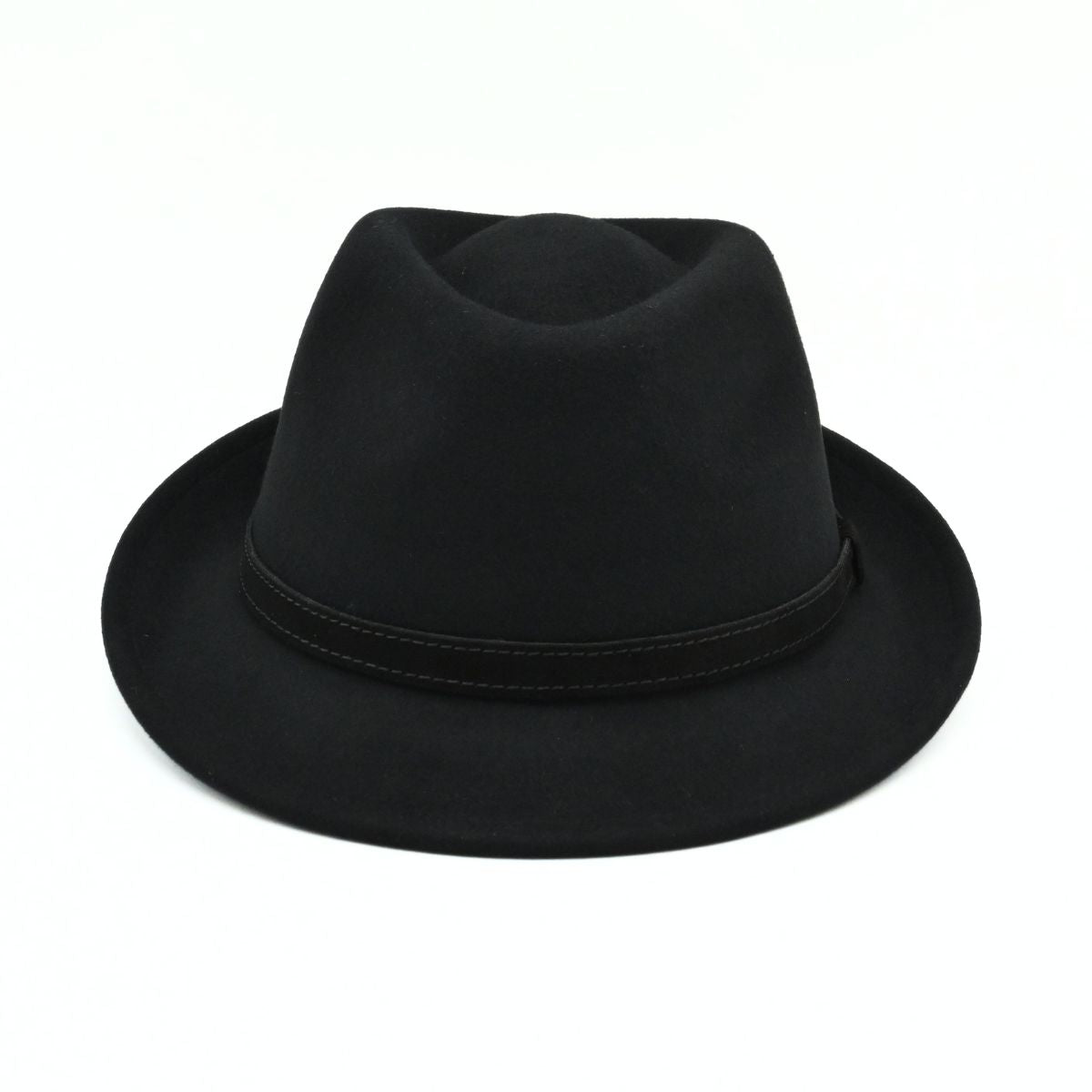 A Black classic alpine hat with a matching black band, on a clean white background