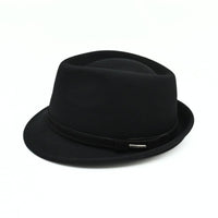 A Black classic alpine hat with a matching black band, on a clean white background