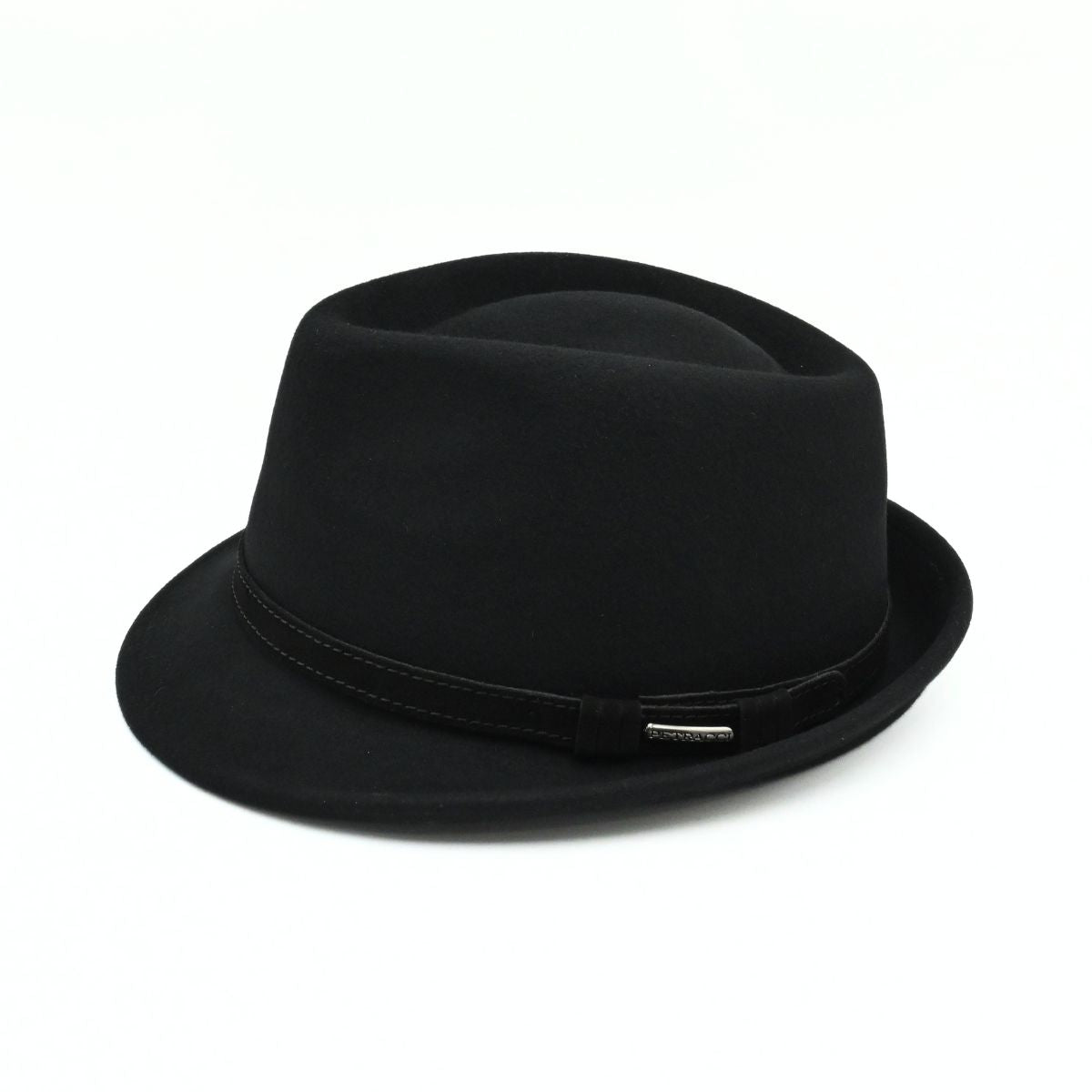 A Black classic alpine hat with a matching black band, on a clean white background