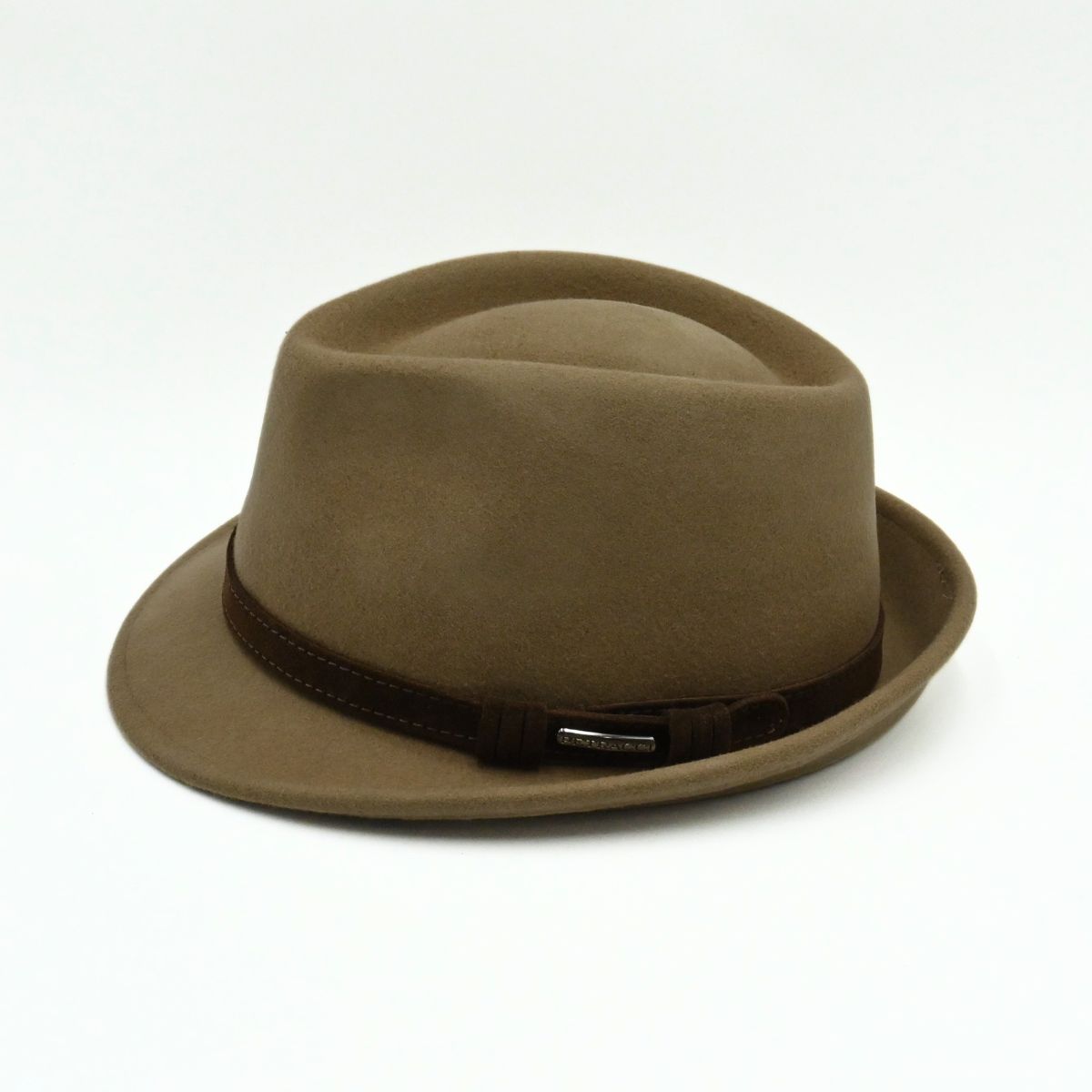 A cacao brown classic alpine hat with a matching brown band, on a clean white background