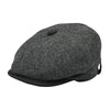 Front view: charcoal Shetland Wool Leather-Trim Newsboy hat handmade in Italy – front view showing leather visor.”