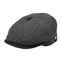 Front view: charcoal Shetland Wool Leather-Trim Newsboy hat handmade in Italy – front view showing leather visor.”