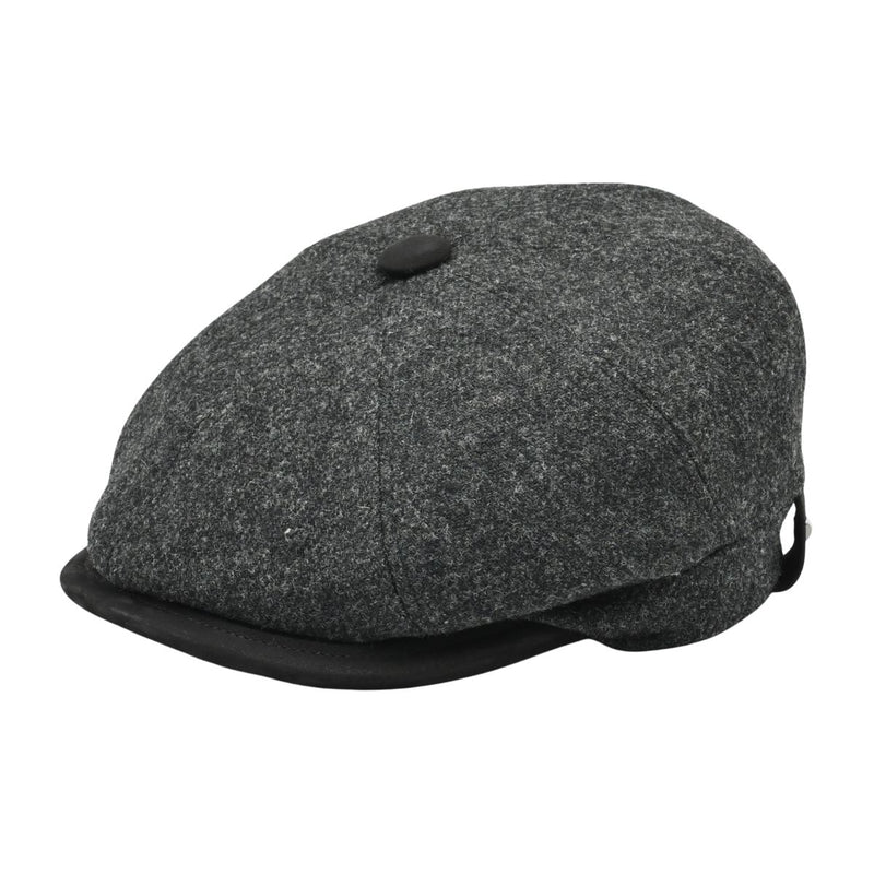 Front view: charcoal Shetland Wool Leather-Trim Newsboy hat handmade in Italy – front view showing leather visor.”