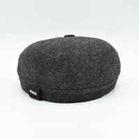 back view: charcoal Shetland Wool Leather-Trim Newsboy hat handmade in Italy 
