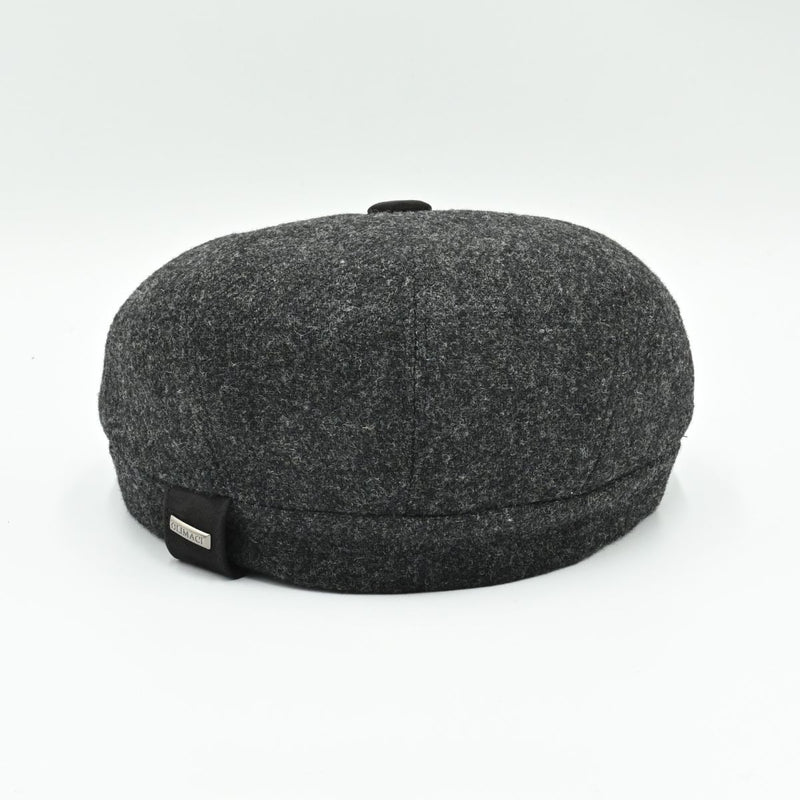 back view: charcoal Shetland Wool Leather-Trim Newsboy hat handmade in Italy 