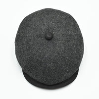 Top view: charcoal Shetland Wool Leather-Trim Newsboy hat handmade in Italy –  showing leather visor.”