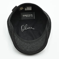 inside view: charcoal Shetland Wool Leather-Trim Newsboy hat handmade in Italy –  showing leather visor.”