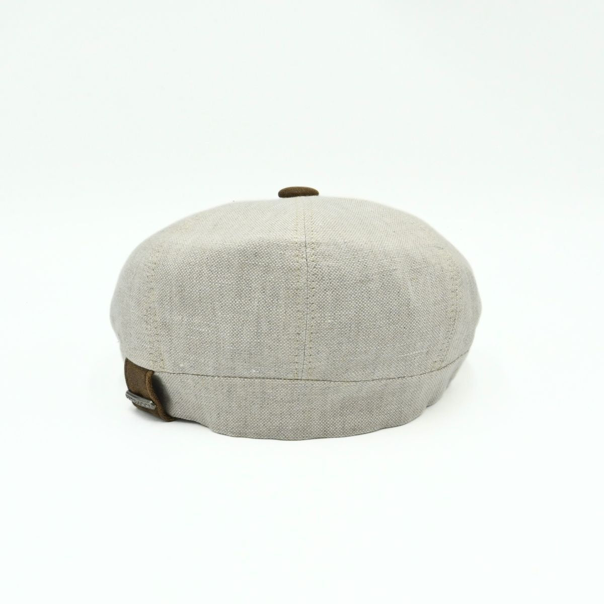 Beige Italian Linen Newsboy Hat with brown leather accents on a white background