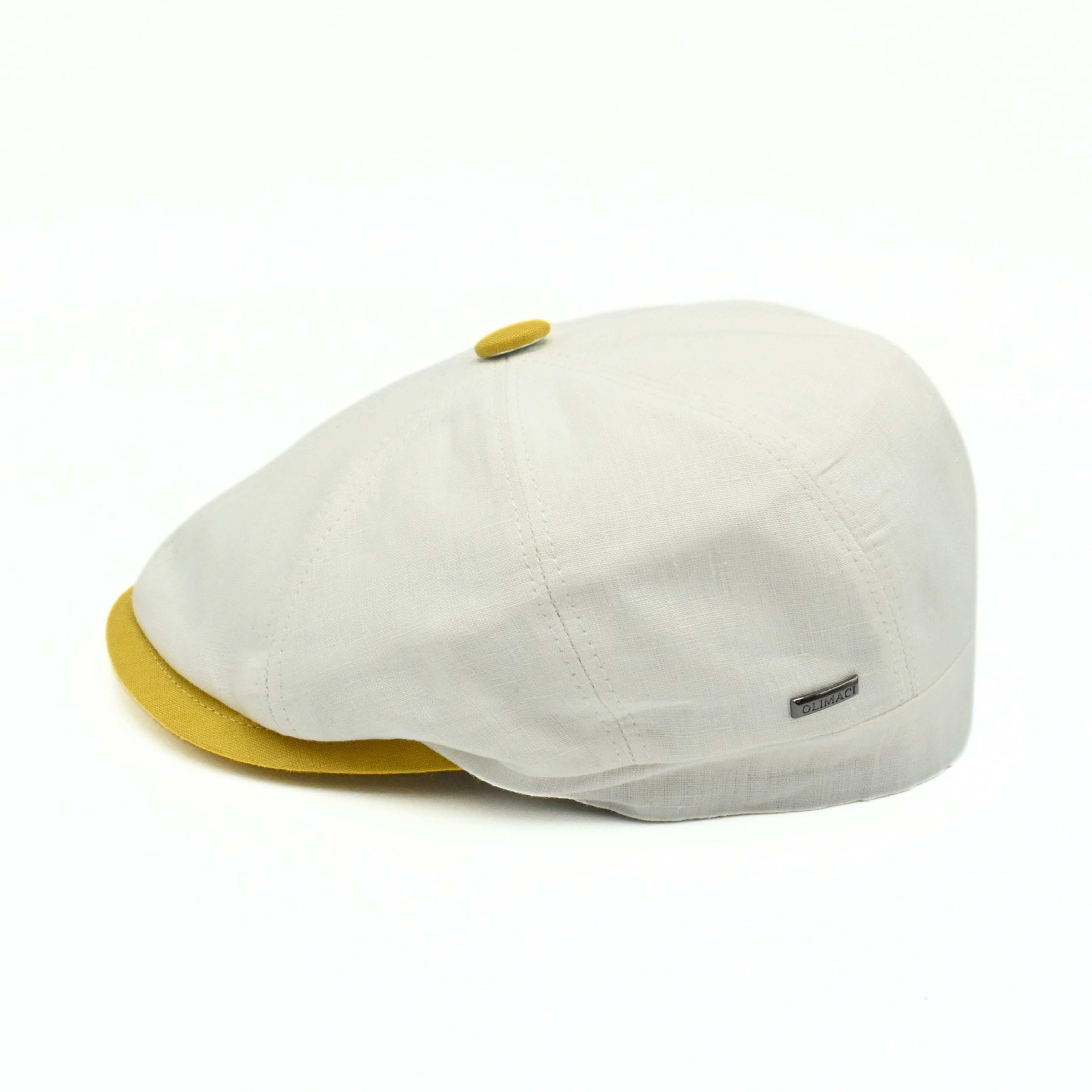 Ivory/Yellow Salerno Linen Newsboy Hat with yellow visor and button on white background