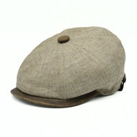 Light Brown Italian Linen Newsboy Hat with brown leather accents on a white background