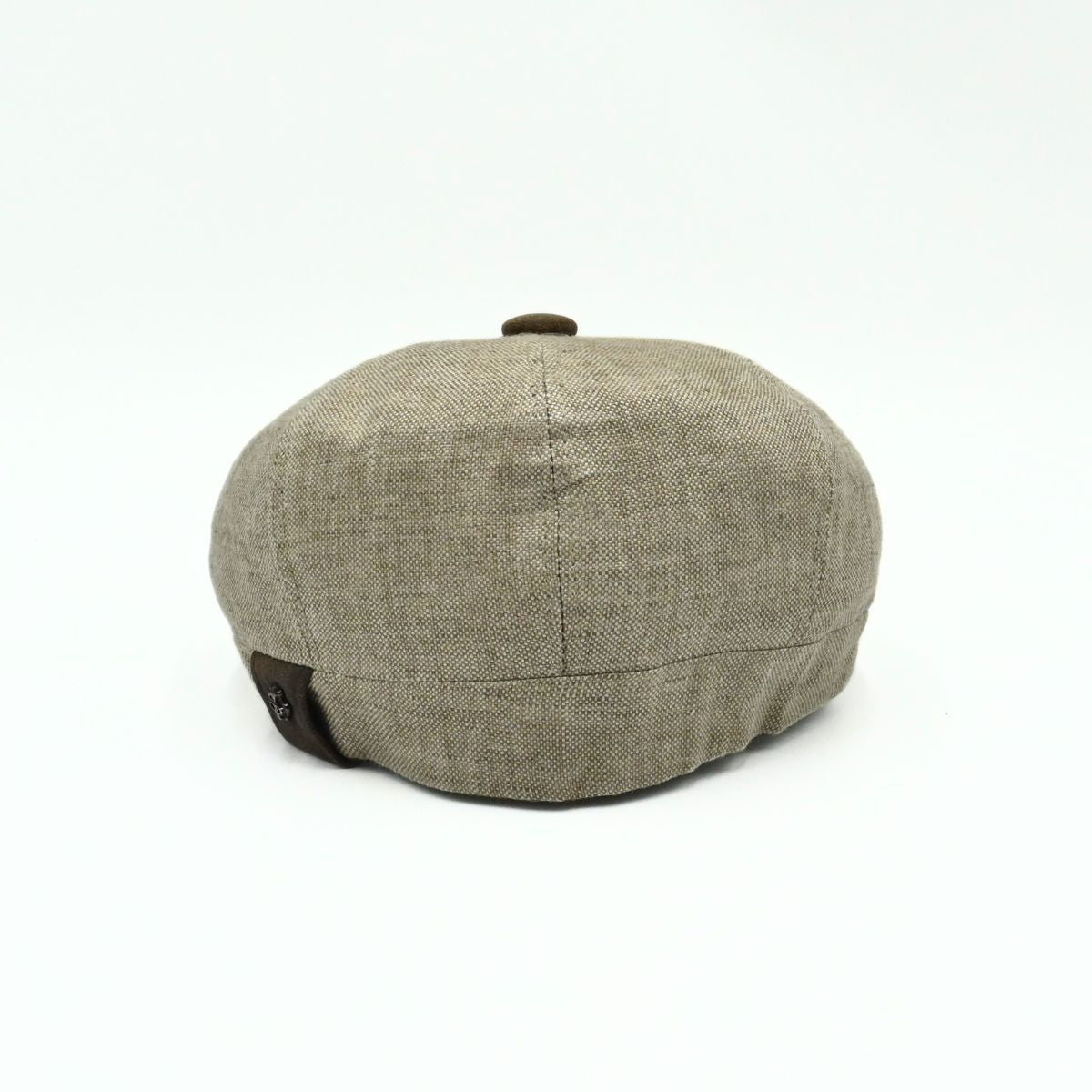Light Brown Italian Linen Newsboy Hat with brown leather accents on a white background