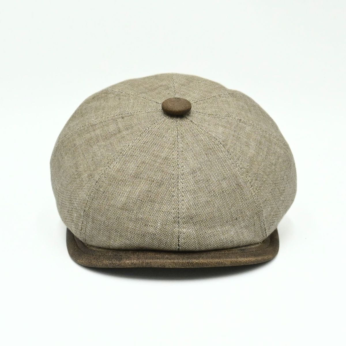 Light Brown Italian Linen Newsboy Hat with brown leather accents on a white background
