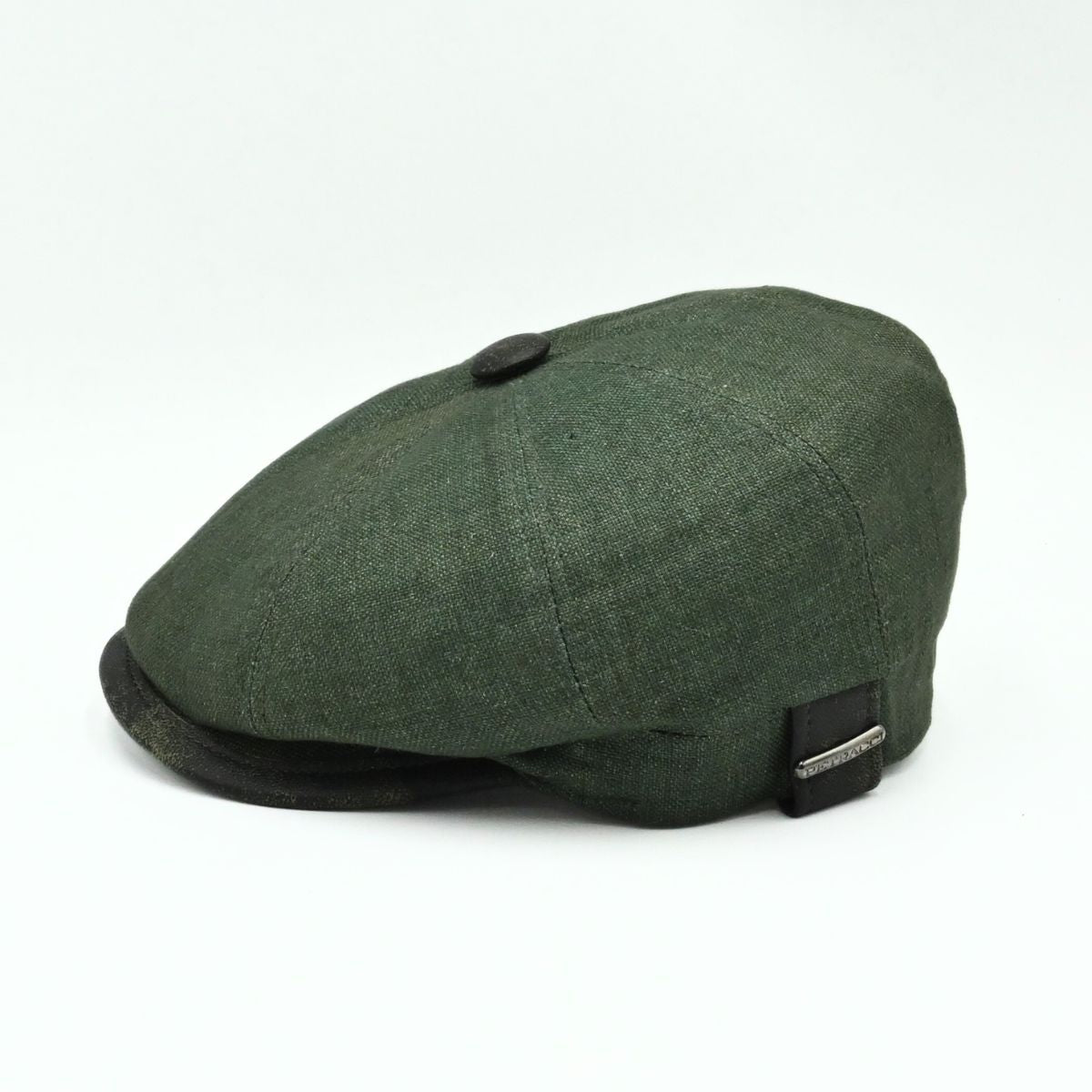 Green Italian Linen Newsboy Hat with leather accents on a white background