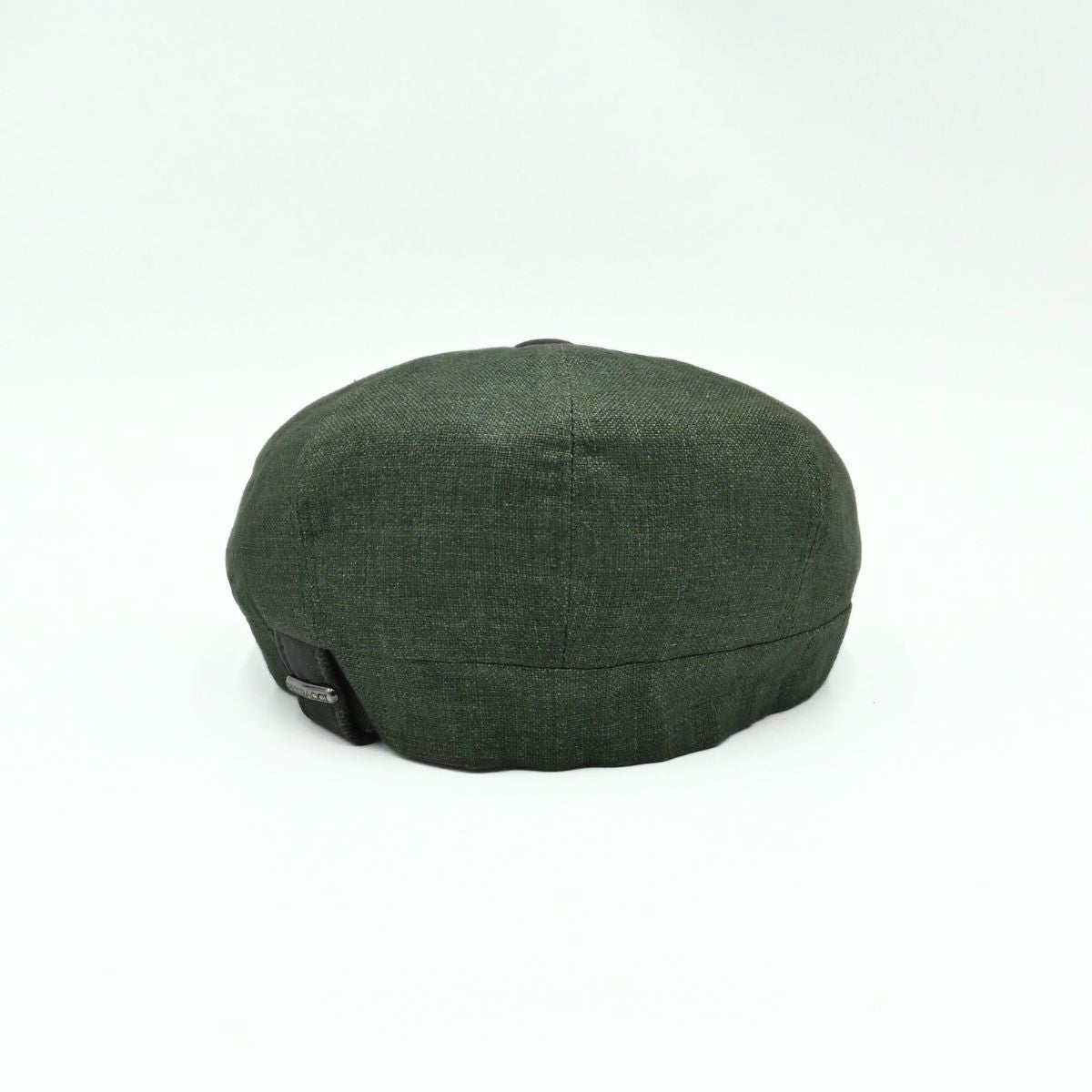 Green Italian Linen Newsboy Hat with leather accents on a white background