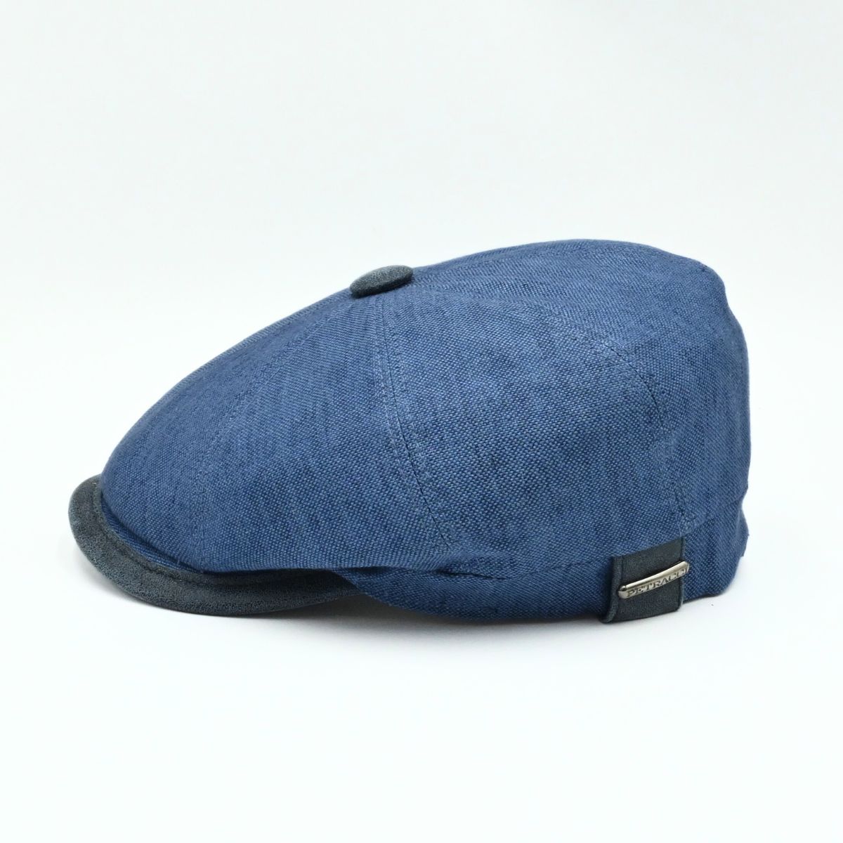 Blue Italian Linen Newsboy Hat with leather accents on a white background