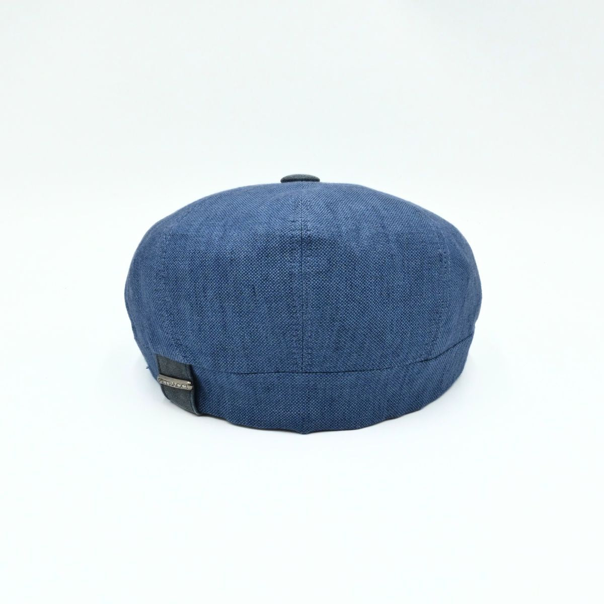 Blue Italian Linen Newsboy Hat with leather accents on a white background