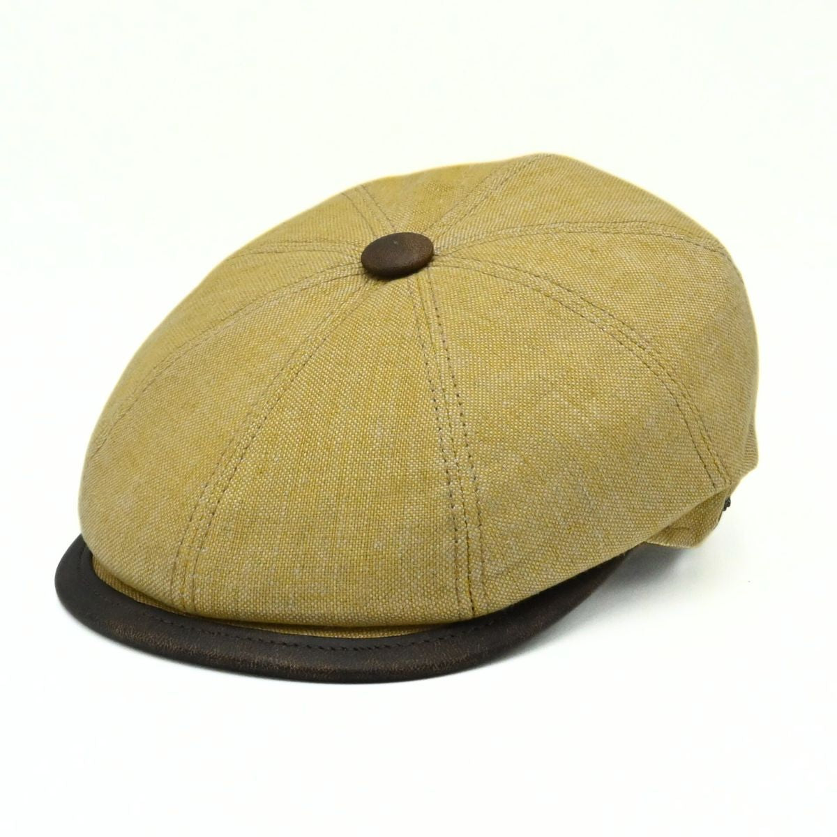 mustard Italian Linen Newsboy Hat with leather accents on a white background