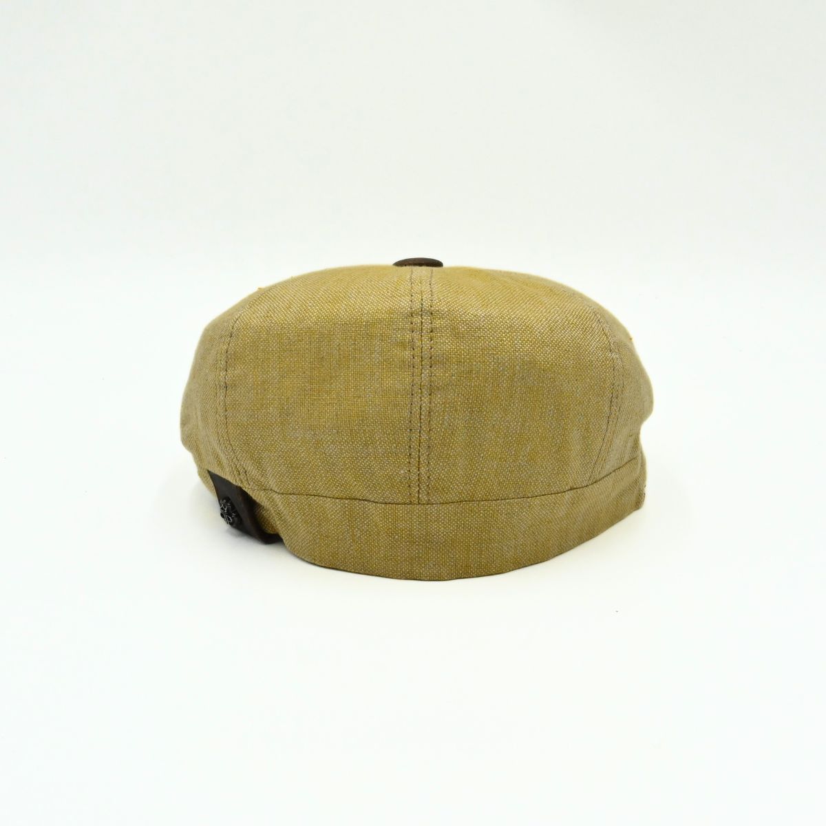 mustard Italian Linen Newsboy Hat with leather accents on a white background