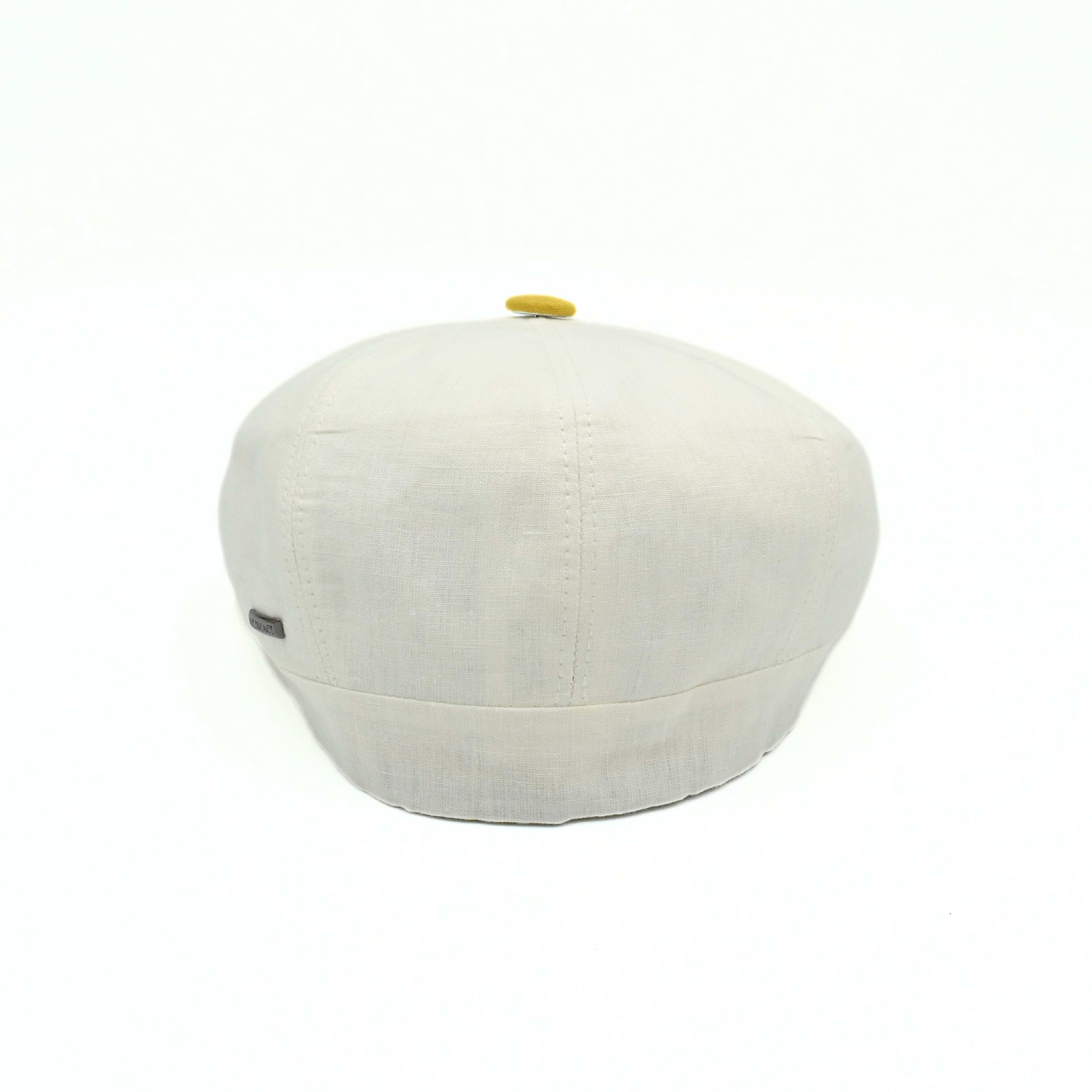 Ivory/Yellow Salerno Linen Newsboy Hat with yellow visor and button on white background