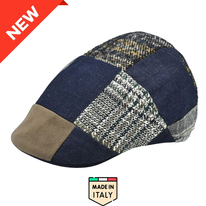 Front view of multicolor Jeans Patchwork Cap made of wool, cotton, denim, and woven fabrics with cotton lining