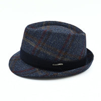 A navy plaid Bruno Wool Trilby Hat with a solid dark navy band, shown on a clean white background.