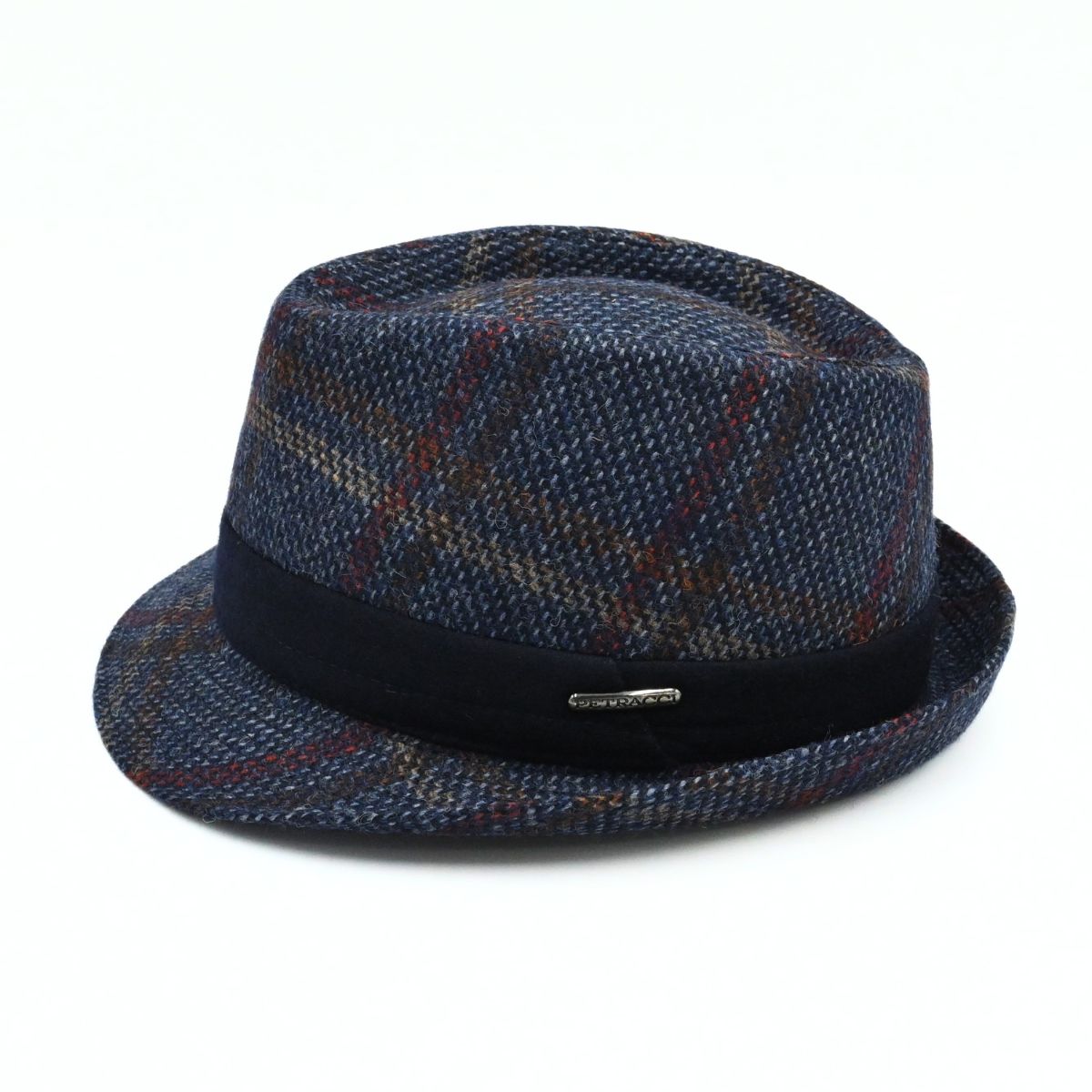 A navy plaid Bruno Wool Trilby Hat with a solid dark navy band, shown on a clean white background.