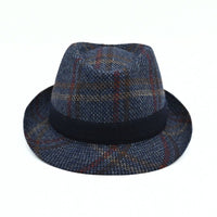 A navy plaid Bruno Wool Trilby Hat with a solid dark navy band, shown on a clean white background.