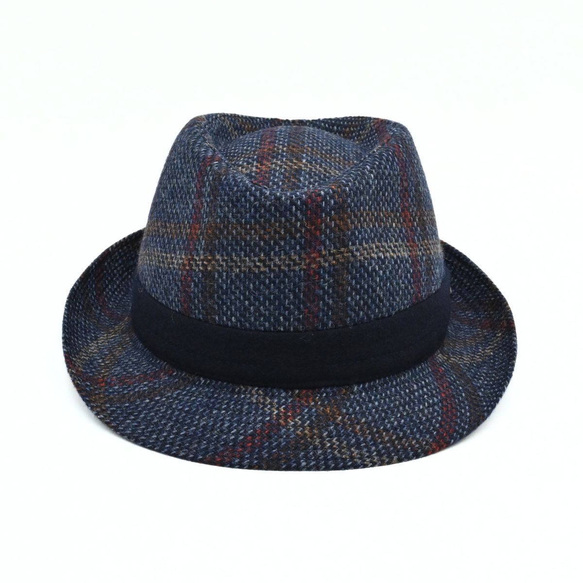 A navy plaid Bruno Wool Trilby Hat with a solid dark navy band, shown on a clean white background.