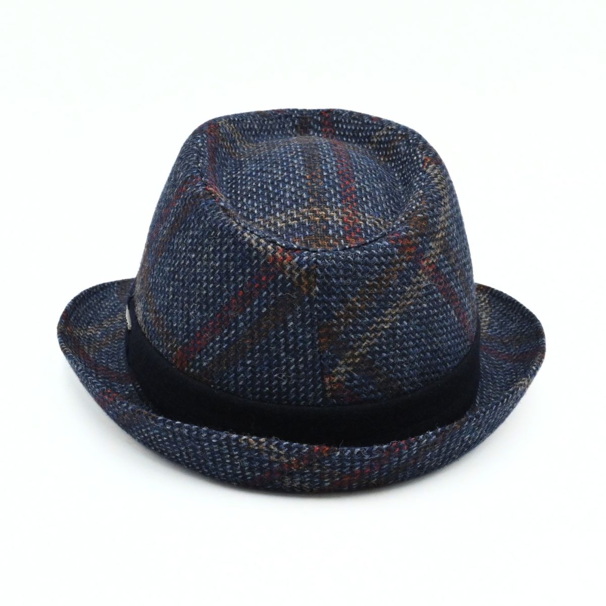 A navy plaid Bruno Wool Trilby Hat with a solid dark navy band, shown on a clean white background.