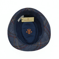 A navy plaid Bruno Wool Trilby Hat with a solid dark navy band, shown on a clean white background.