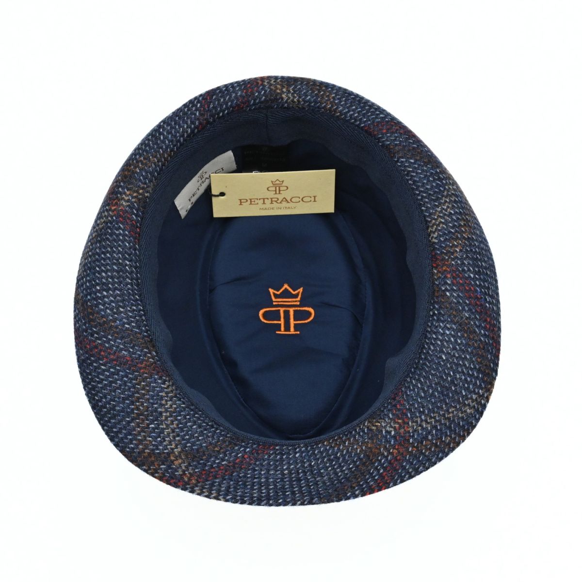 A navy plaid Bruno Wool Trilby Hat with a solid dark navy band, shown on a clean white background.