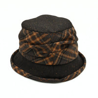 A dark brown Vittoria Women's Wool Cloche Hat – Plaid Accents with a matching fabric band , shown against a plain white background.