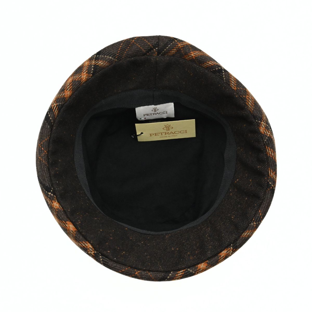 A dark brown Vittoria Women's Wool Cloche Hat – Plaid Accents with a matching fabric band, shown against a plain white background.