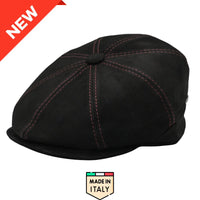 Black Modena Leather Newsboy Hat with red stitching front view