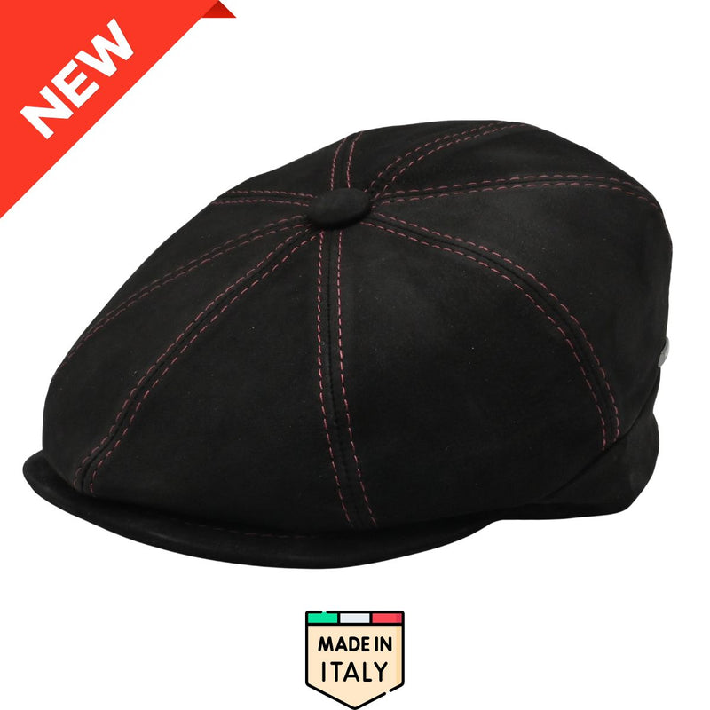 Black Modena Leather Newsboy Hat with red stitching front view