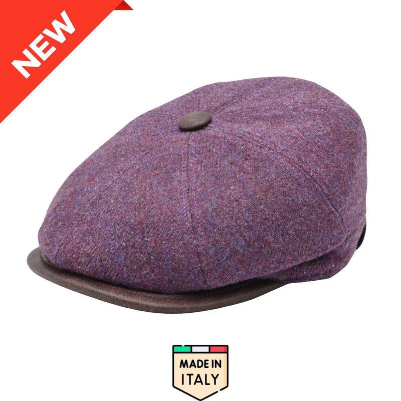 Front view: “Lavender Shetland Wool Leather-Trim Newsboy hat handmade in Italy – front view showing leather visor.”