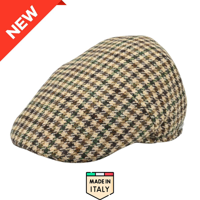 front view of beige Pied de Poule wool cap in earth-tone pattern
