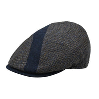 Front view of the Bergamo Cap – Italian wool patchwork cap in navy and tweed