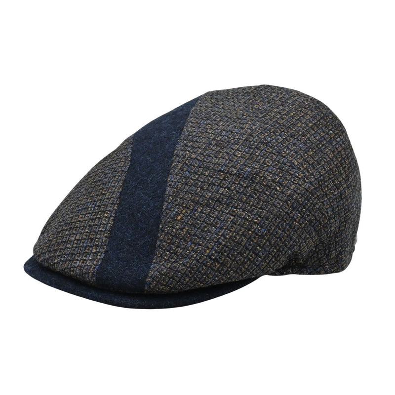 Front view of the Bergamo Cap – Italian wool patchwork cap in navy and tweed