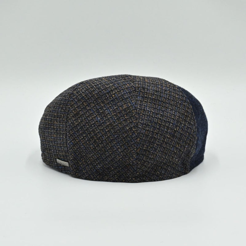 Back view of the navy Bergamo Cap – Italian-made wool patchwork design
